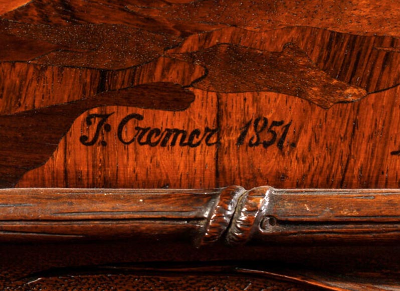 Jean-Pierre TAHAN & Joseph CREMER, buffet à deux corps sculpté avec panneau de marqueterie appelé “Meuble de Fantaisie” Exposition 1855-9