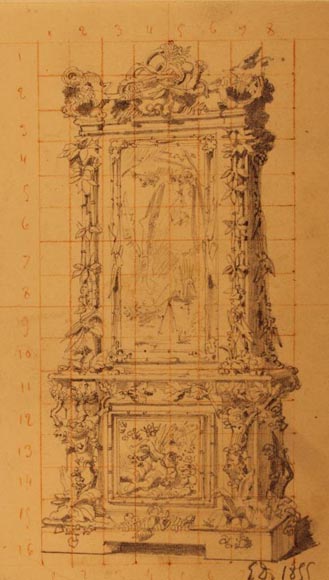 Jean-Pierre TAHAN & Joseph CREMER, buffet à deux corps sculpté avec panneau de marqueterie appelé “Meuble de Fantaisie” Exposition 1855-12