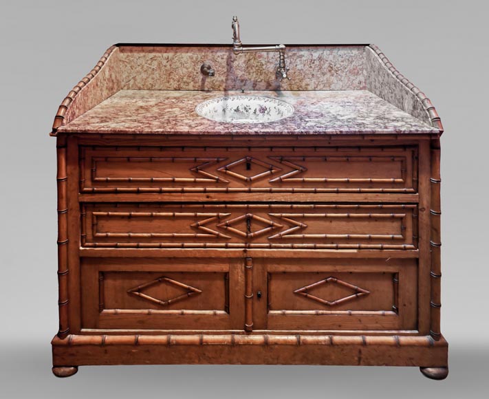 Lavabo en marbre brocatelle et en bois imitant le bambou Lavabo en marbre brocatelle et en bois imitant le bambou-0