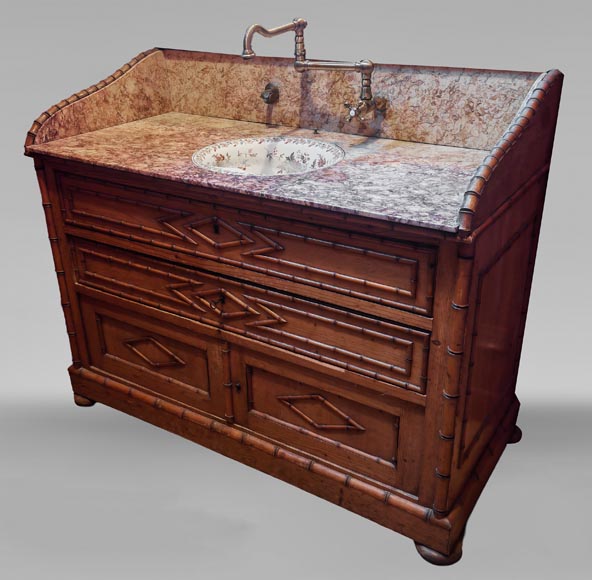 Lavabo en marbre brocatelle et en bois imitant le bambou Lavabo en marbre brocatelle et en bois imitant le bambou-1