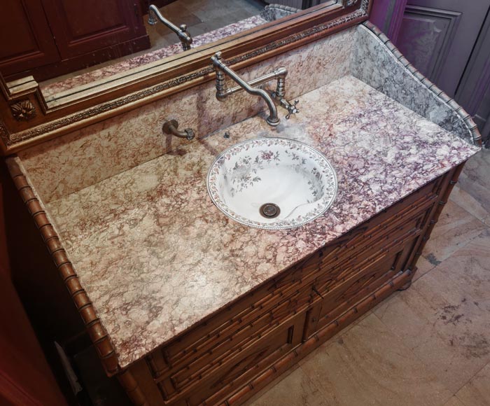 Lavabo en marbre brocatelle et en bois imitant le bambou Lavabo en marbre brocatelle et en bois imitant le bambou-3