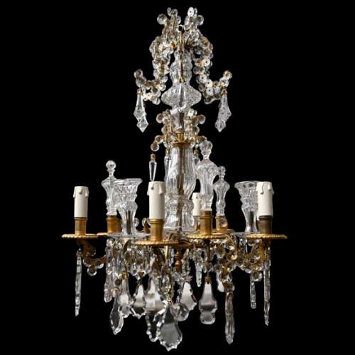 Lustre à six feux en cristal taillé et bronze doré, dans le style de la Cristallerie Royale de Champagne de Bayel