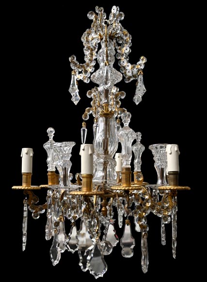 Lustre à six feux en cristal taillé et bronze doré, dans le style de la Cristallerie Royale de Champagne de Bayel-0