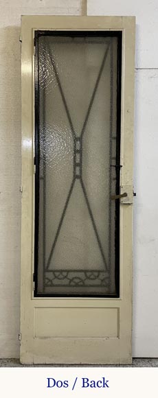 Porte intérieure Art Déco en bois et ferronnerie, à décor géométrique et vitrage granité Porte intérieure Art Déco en bois et ferronnerie, à décor géométrique et vitrage granité-1