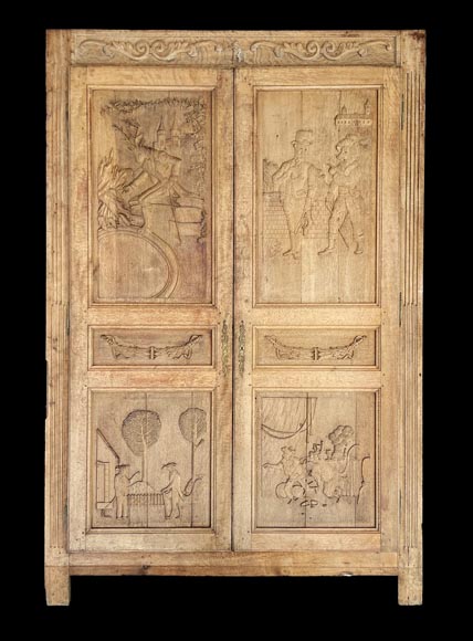 Importante boiserie en chêne sculpté à décor des Fables de La Fontaine Importante boiserie en chêne sculpté à décor des Fables de La Fontaine-0