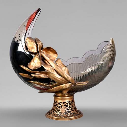 D'après l'Escalier de CRISTAL, François-Eugène ROUSSEAU et Ernest LÉVEILLÉ, vase Japonesque en verre polychrome ceint d'un iris en bronze doré