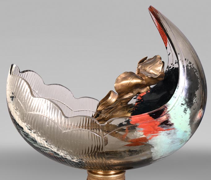D'après l'Escalier de CRISTAL, François-Eugène ROUSSEAU et Ernest LÉVEILLÉ, vase Japonesque en verre polychrome ceint d'un iris en bronze doré-8