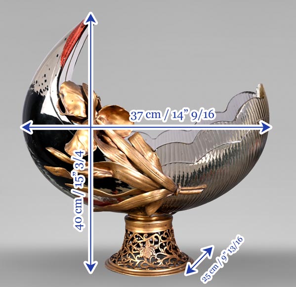 D'après l'Escalier de CRISTAL, François-Eugène ROUSSEAU et Ernest LÉVEILLÉ, vase Japonesque en verre polychrome ceint d'un iris en bronze doré-13