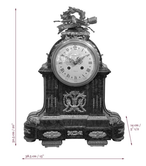 RAINGO FRERES - Pendule borne de style Louis XVI en marbre Rouge Griotte et bronze doré-6