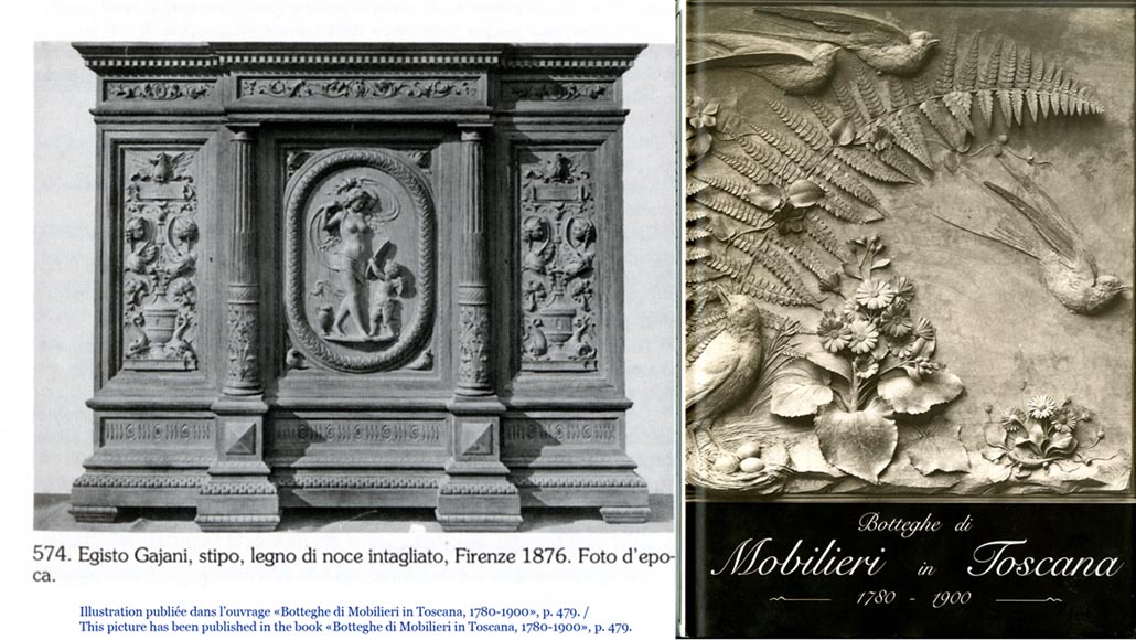Egisto GAJANI - Très beau meuble bas de style Néo-Renaissance en noyer sculpté daté de 1876-12