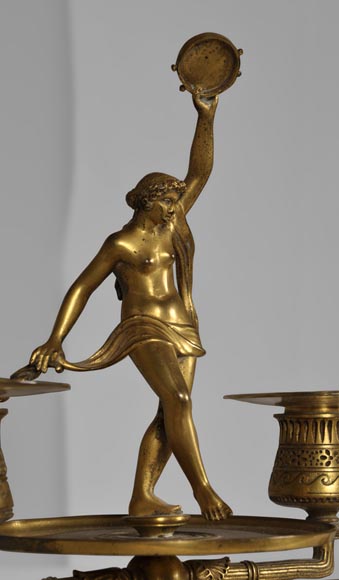 "La Bacchanale", paire de bougeoirs en bronze doré et marbre Rouge Griotte-5