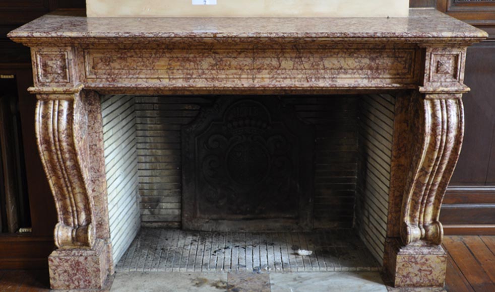 Belle cheminée ancienne de style Louis-Phillipe en marbre Brocatelle-0