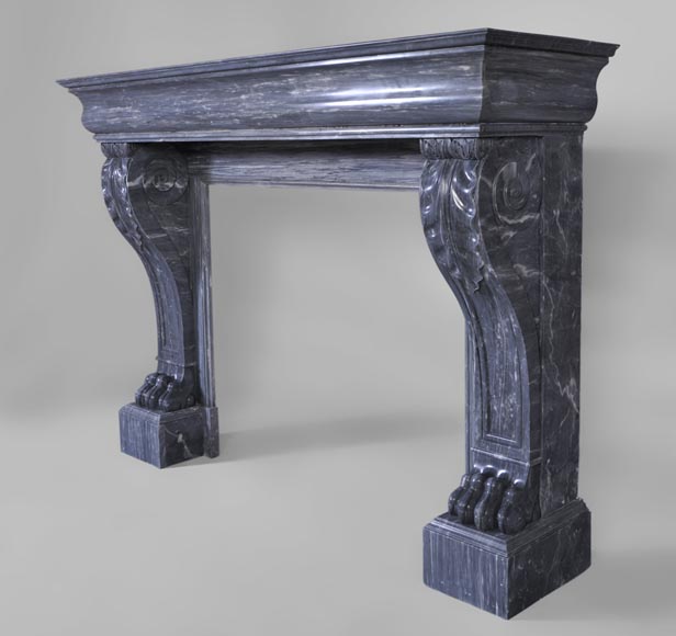 Belle cheminée de style Restauration à pattes de lions en marbre Bleu Turquin-5