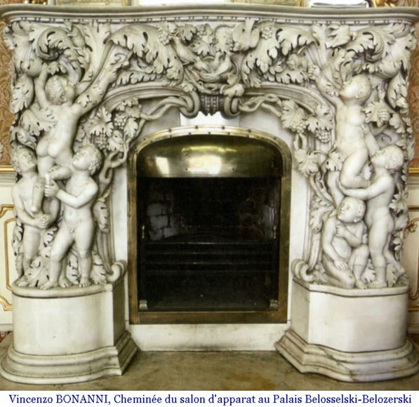 Les Jeux de l'Enfance, extraordinaire cheminée ancienne en marbre Statuaire sculpté en haut-relief à décor de putti-11