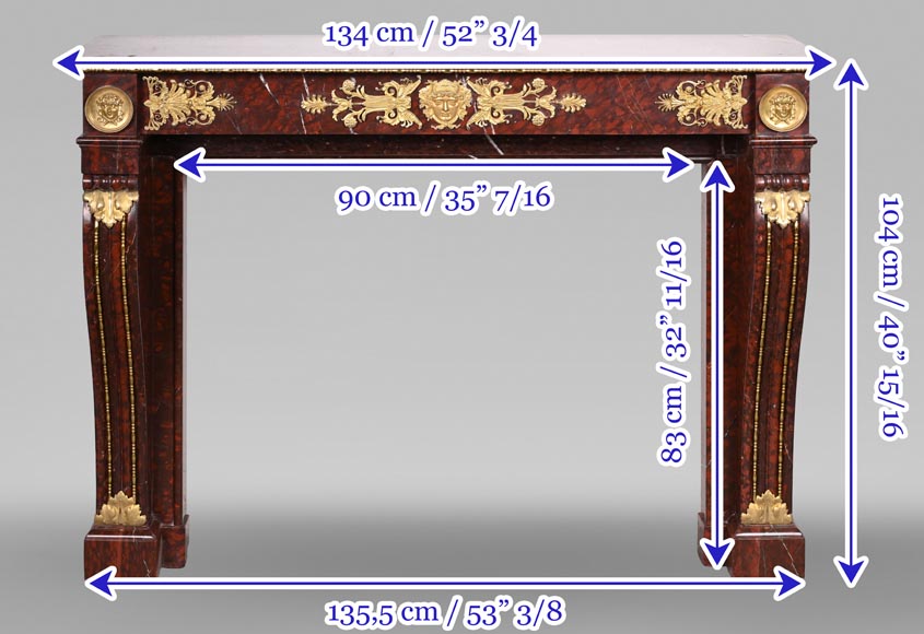 Cheminée Empire en marbre Rouge Griotte et bronzes dorés-13