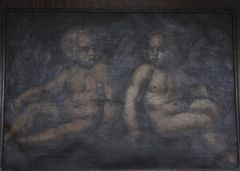 Cheminée ancienne de style Néo-Renaissance en chêne avec une peinture représentant deux putti-2