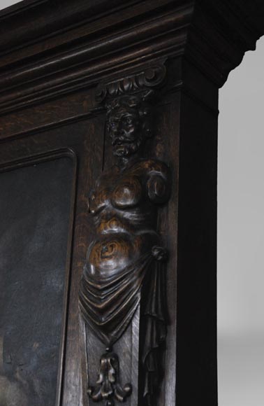 Cheminée ancienne de style Néo-Renaissance en chêne avec une peinture représentant deux putti-4