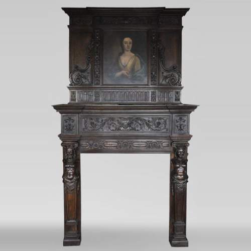 Cheminée ancienne de style Néo-Renaissance en chêne avec un portrait de femme