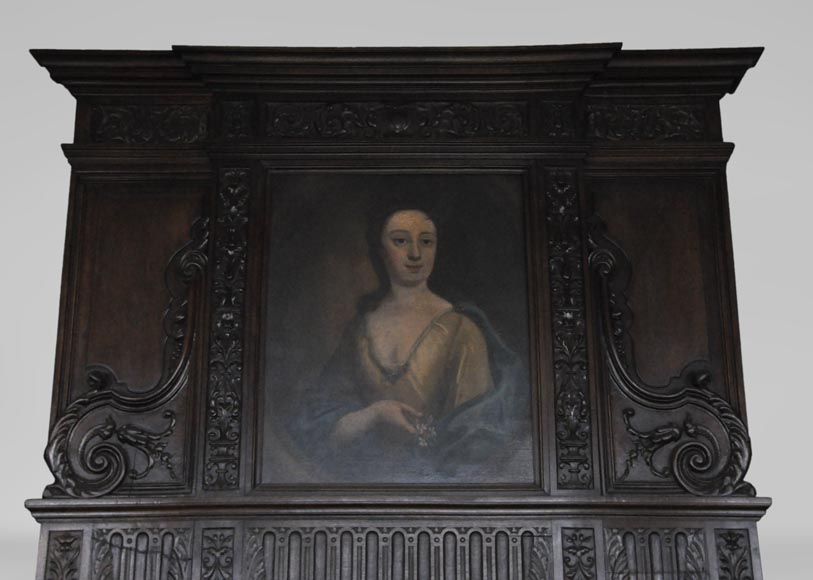 Cheminée ancienne de style Néo-Renaissance en chêne avec un portrait de femme-1