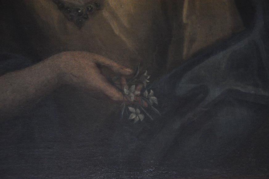 Cheminée ancienne de style Néo-Renaissance en chêne avec un portrait de femme-2