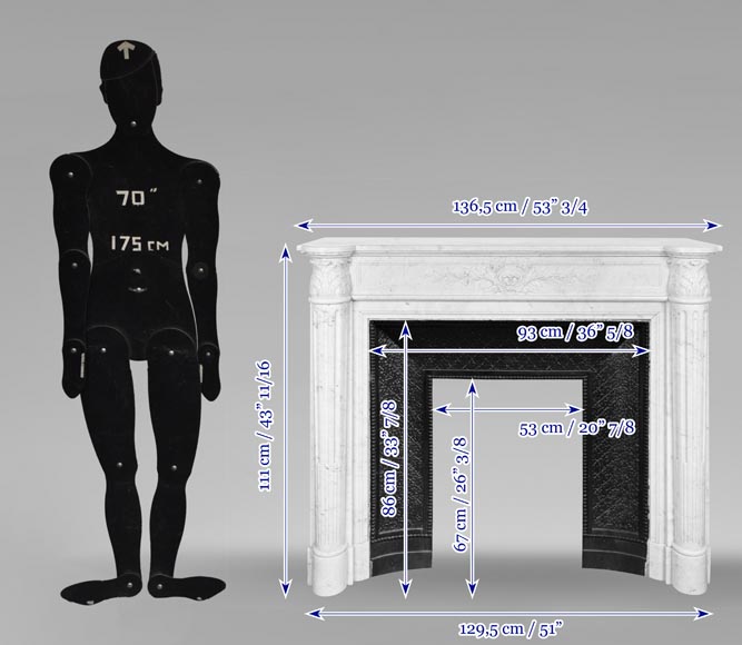 Cheminée de style Louis XVI en marbre de Carrare, à demi colonne et couronne de laurier-13