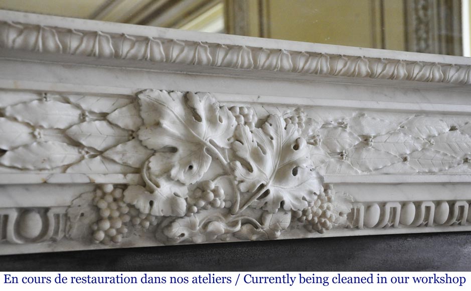 Cheminée d'époque Louis XVI en marbre de Carrare à décor de feuilles de vignes et grappes de raisins-2