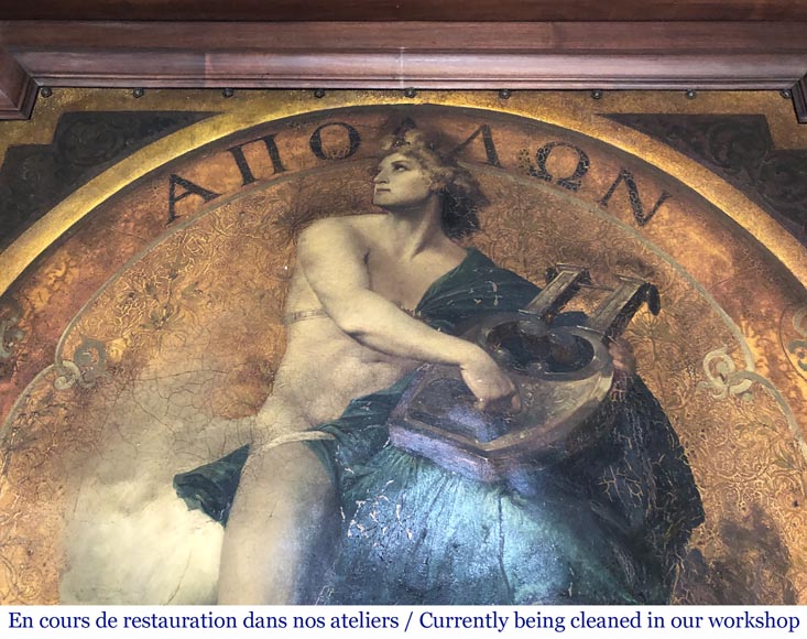 Cheminée ancienne en noyer au trumeau à décor d'une peinture figurant le Dieu Apollon-3