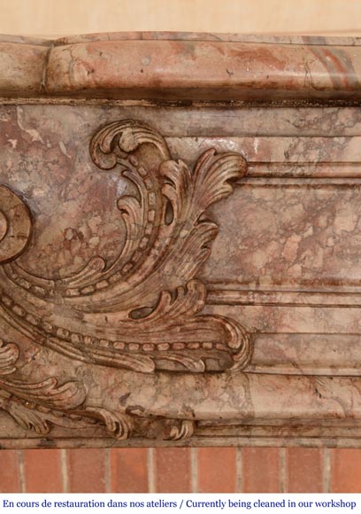 Cheminée ancienne de style Régence richement sculptée, en marbre Sarrancolin Ilhet-3
