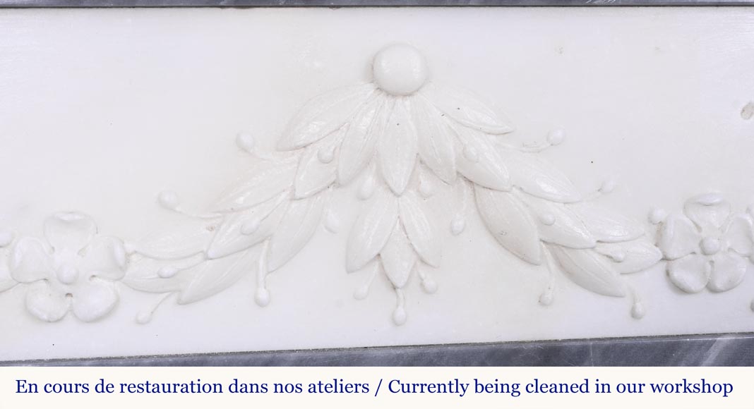 Cheminée de style Empire en marbre bleu turquin à colonnes en marbre statuaire-2