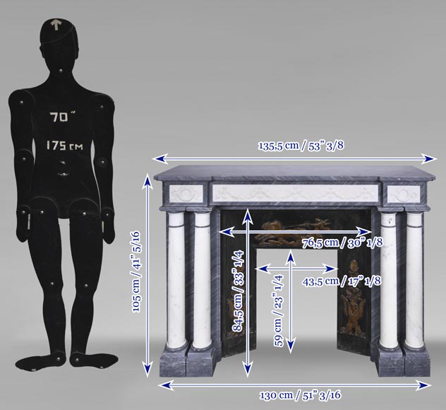 Cheminée de style Empire en marbre bleu turquin à colonnes en marbre statuaire-13