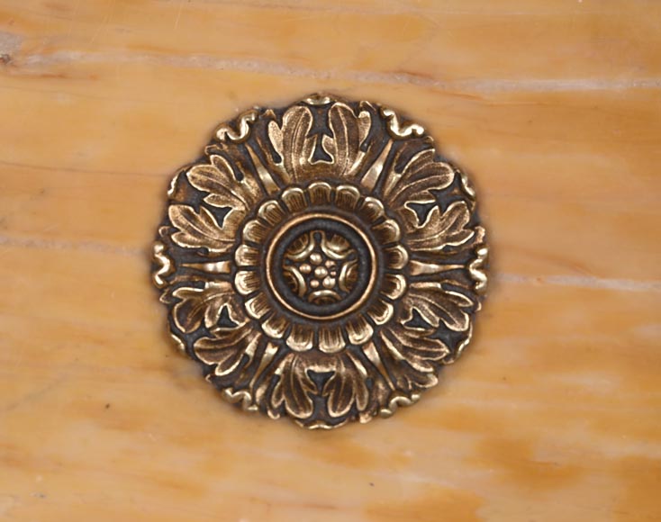 Cheminée de style Empire en marbre Jaune de Sienne à colonnes et rosaces en bronze doré-2