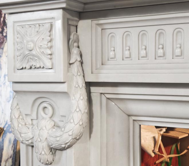 Importante cheminée style Louis XVI en marbre de Carrare, à décor de cannelure et de guirlande Importante cheminée style Louis XVI en marbre de Carrare, à décor de cannelure et de guirlande-5