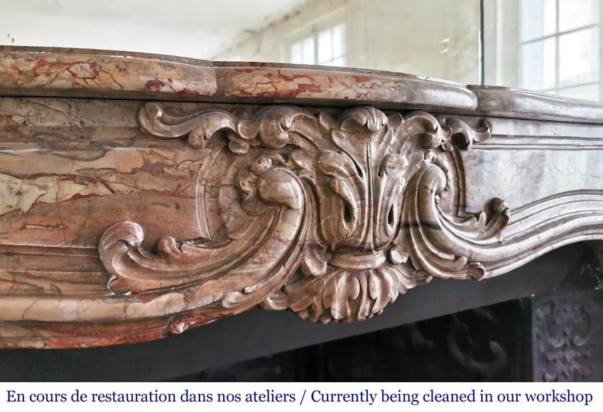 Cheminée ancienne de style Louis XV richement ornée en marbre Sarrancolin-2