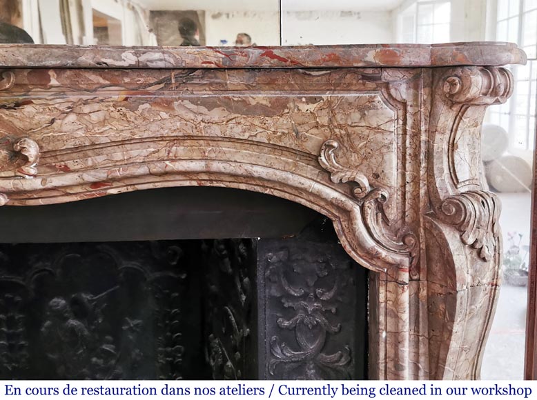 Cheminée ancienne de style Louis XV richement ornée en marbre Sarrancolin-7