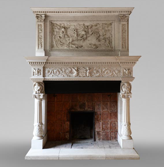 Soufflet cheminée bois sculpté armoiries faune couronne gothique NapIII 19è