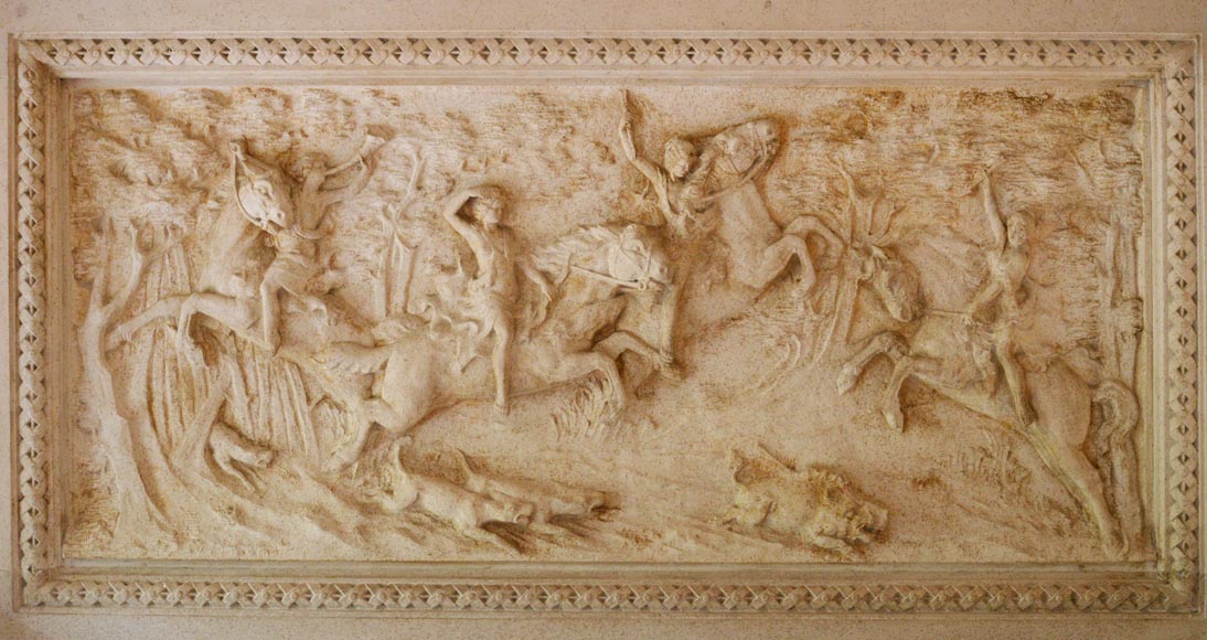 Cheminée en pierre monumentale de style Néo-Renaissance, aux armes du comte de Horn, vers 1905-11
