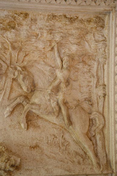 Cheminée en pierre monumentale de style Néo-Renaissance, aux armes du comte de Horn, vers 1905-14