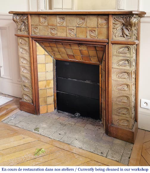 Gentil & Bourdet (attribué à), cheminée ancienne Art Nouveau en chêne et grès-8