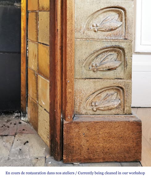 Gentil & Bourdet (attribué à), cheminée ancienne Art Nouveau en chêne et grès-10