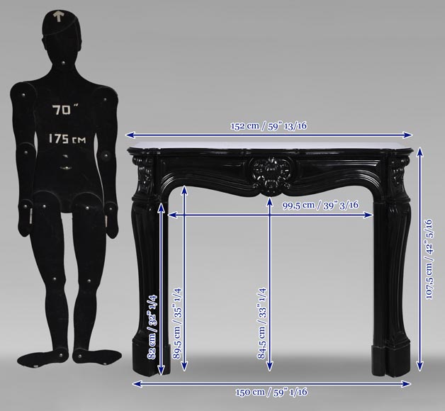 Cheminée de style Louis XV en marbre noir fin de Belgique décorée d'une coquille encadrée de bourgeons-10
