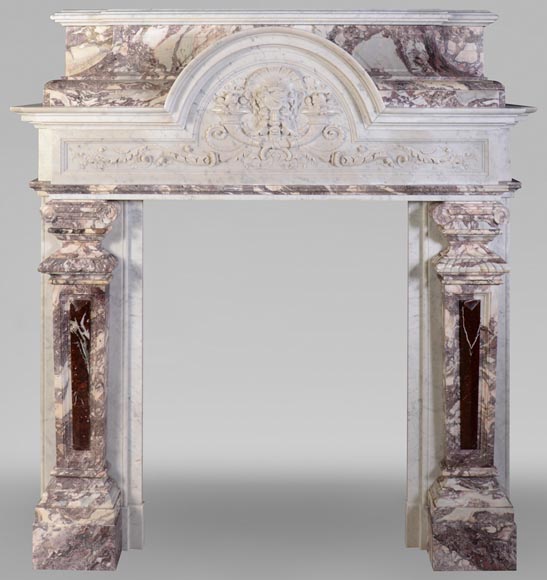 Importante cheminée de style Néo-Renaissance en marbre de Carrare, Fleur de Pêcher et Rouge Griotte-0