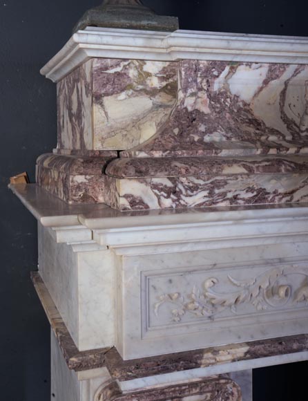 Importante cheminée de style Néo-Renaissance en marbre de Carrare, Fleur de Pêcher et Rouge Griotte-6