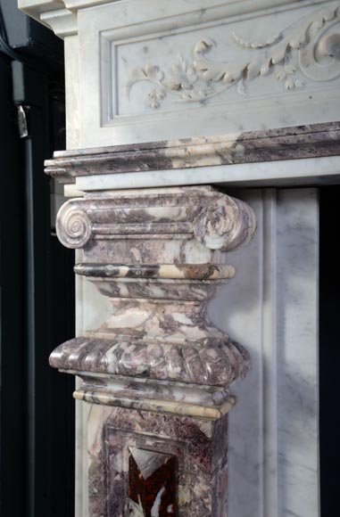Importante cheminée de style Néo-Renaissance en marbre de Carrare, Fleur de Pêcher et Rouge Griotte-7