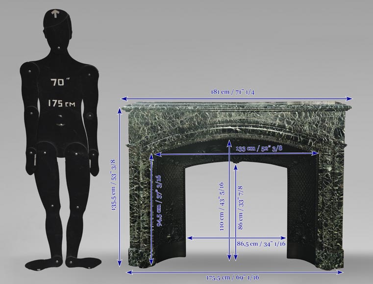 Importante cheminée de style Louis XIV en marbre vert de mer-12