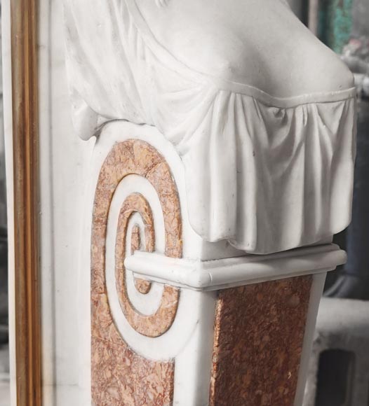 Cheminée en marbre statuaire aux cariatides et plaquage de marbre Brocatelle-8