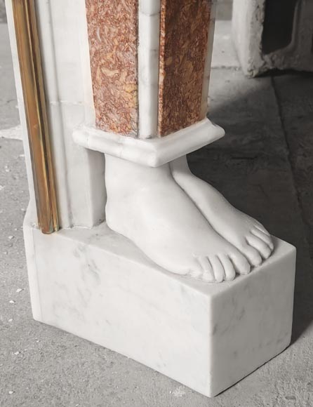 Cheminée en marbre statuaire aux cariatides et plaquage de marbre Brocatelle-10