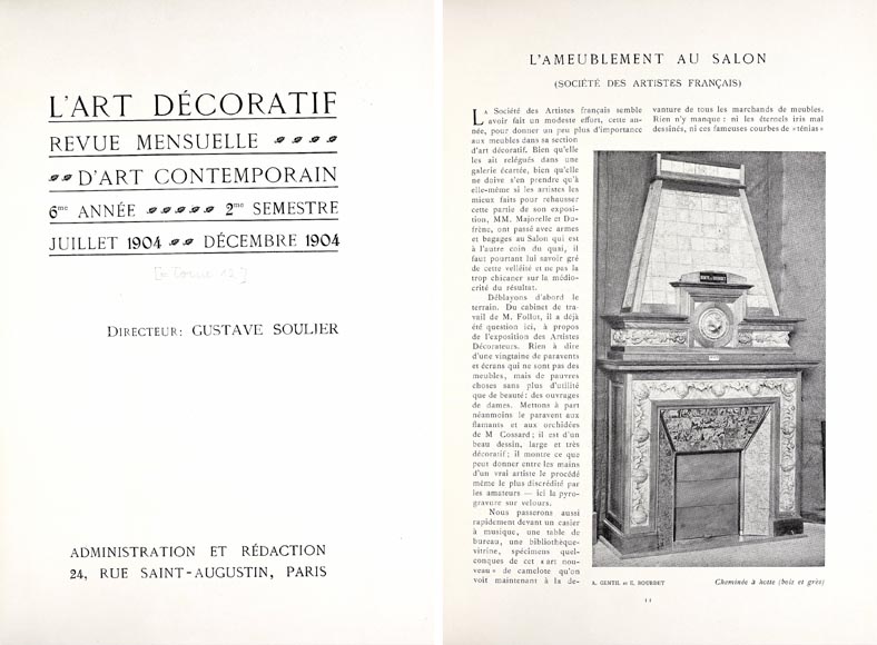 GENTIL & BOURDET – Cheminée en chêne et grès bleu à décor égyptisant, vers 1904-2