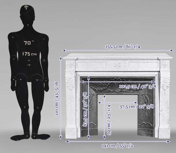 Cheminée de style Louis XVI à feuilles d'acanthe et perlés, en marbre de Carrare Cheminée de style Louis XVI à feuilles d'acanthe et perlés, en marbre de Carrare-11
