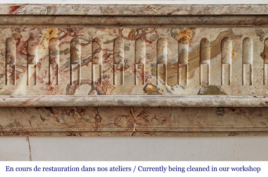 Cheminée de style Louis XVI à rudendures sculptée en marbre Sarrancolin-1