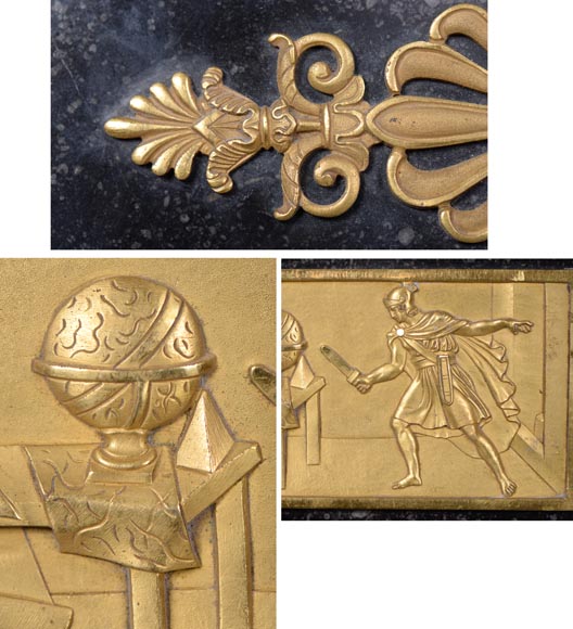 Cheminée d’époque empire en petit granit belge, a bronzes sur le thème de la mort d’Archimède-4